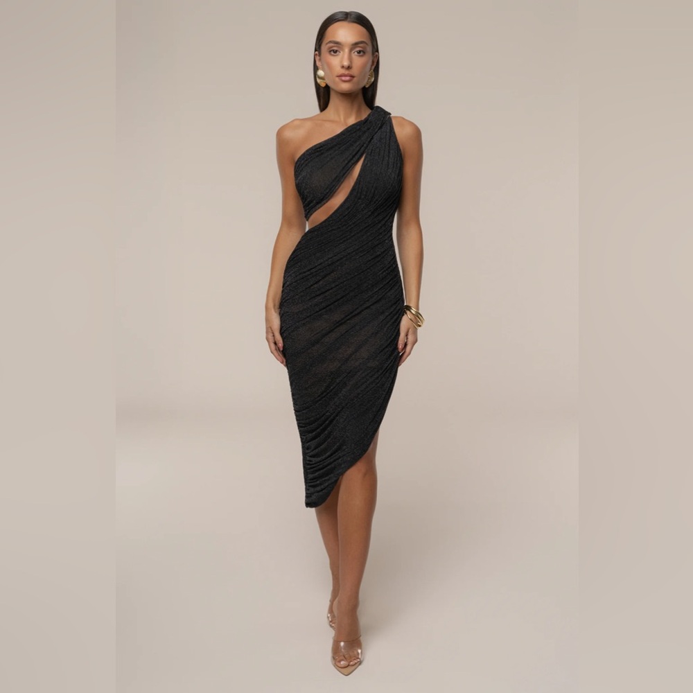 JLUXLABEL Aura Shimmery Midi Black One-Shoulder Dress